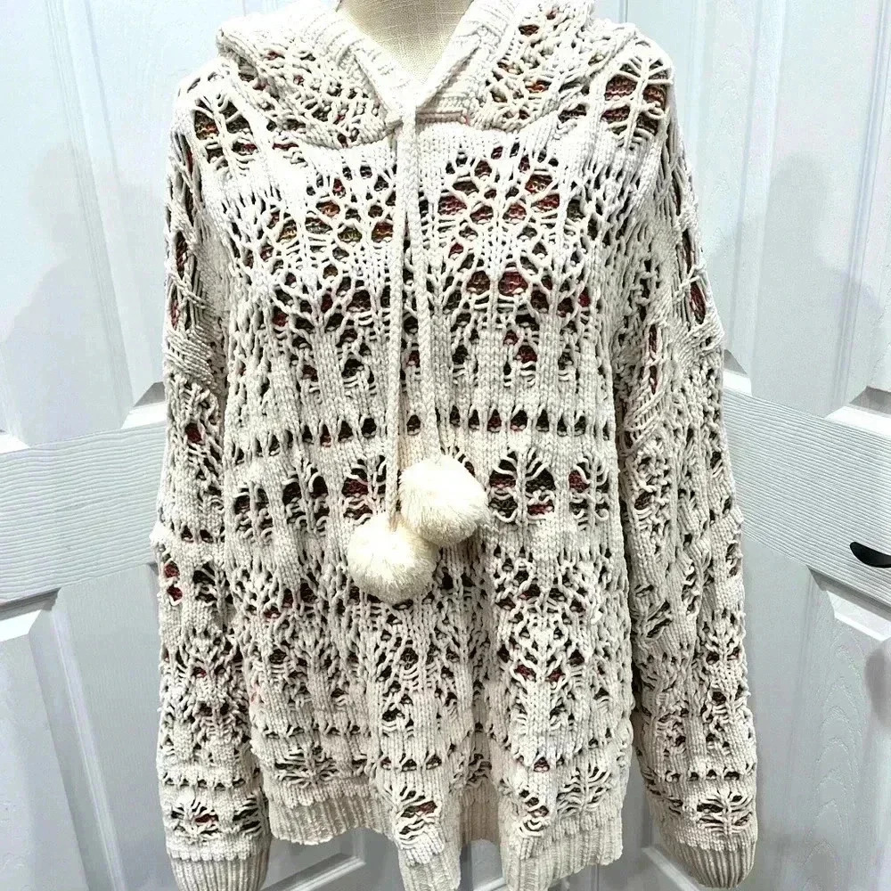 POL HOODED Distressed peek a boo sweater with rainbow colored sweater beneath
